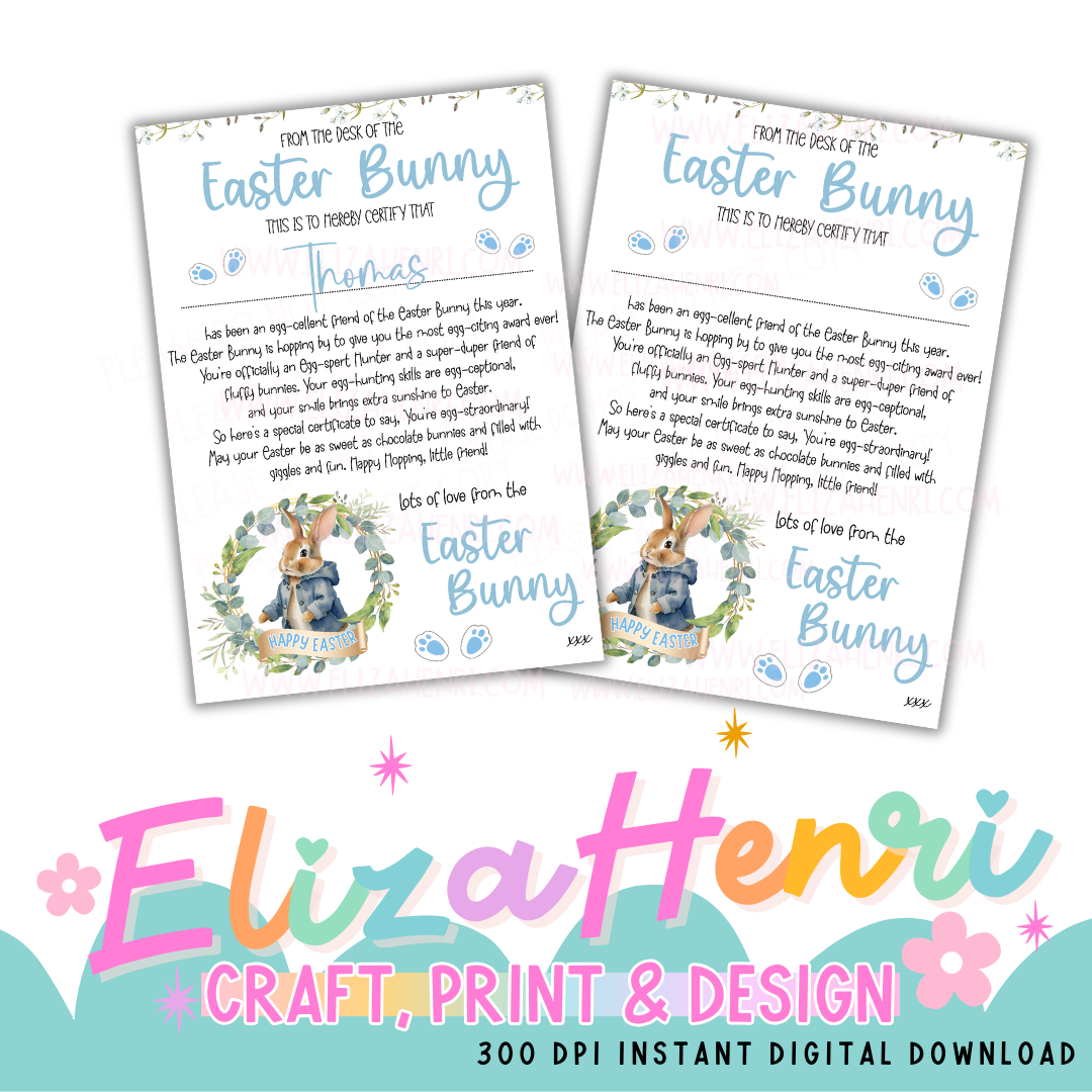 Boys Blue Easter Bunny Wreath Certificate Digital Download