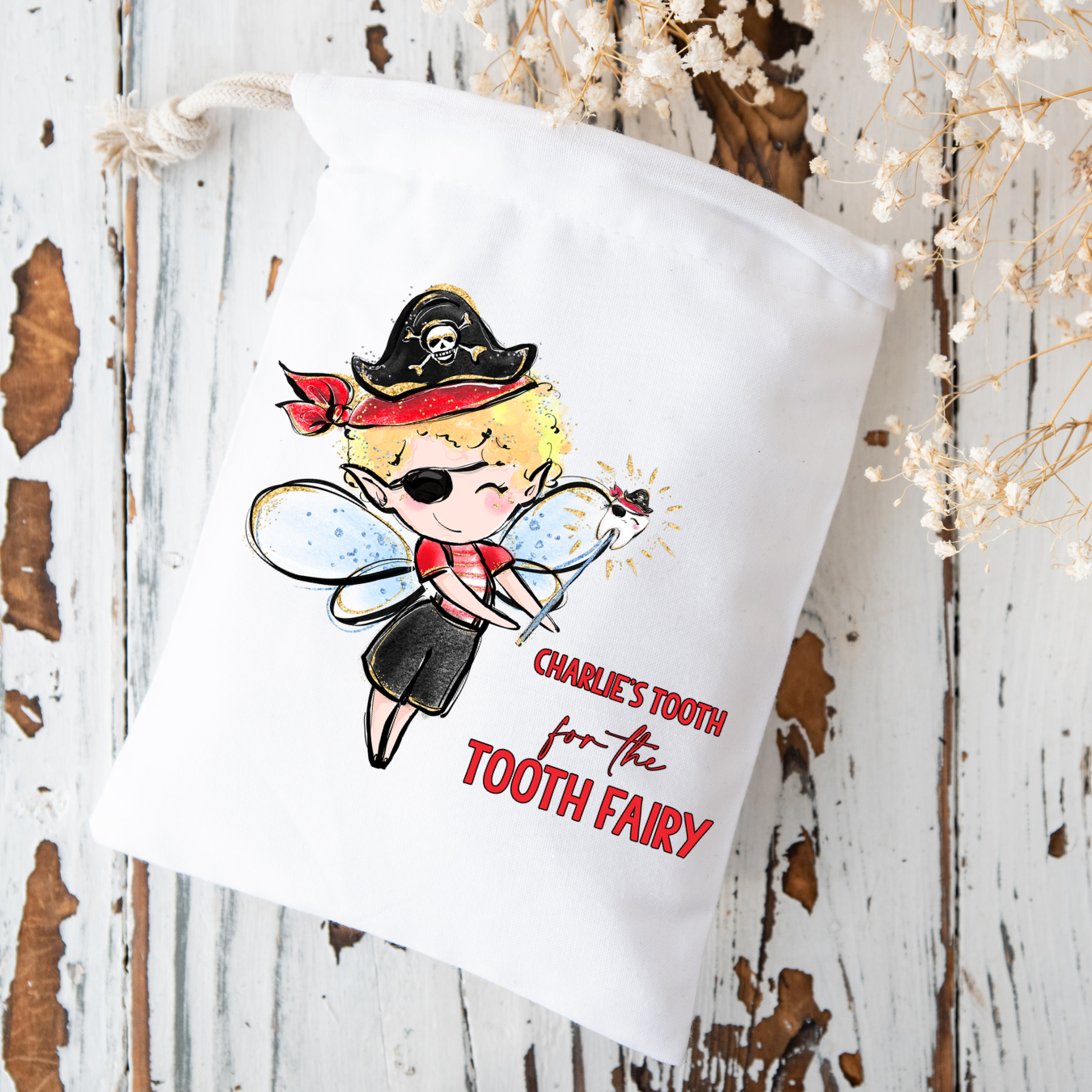 Personalised Tooth for the Tooth Fairy Pirate DTF Full Colour Gift Bag Transfer- 7cm