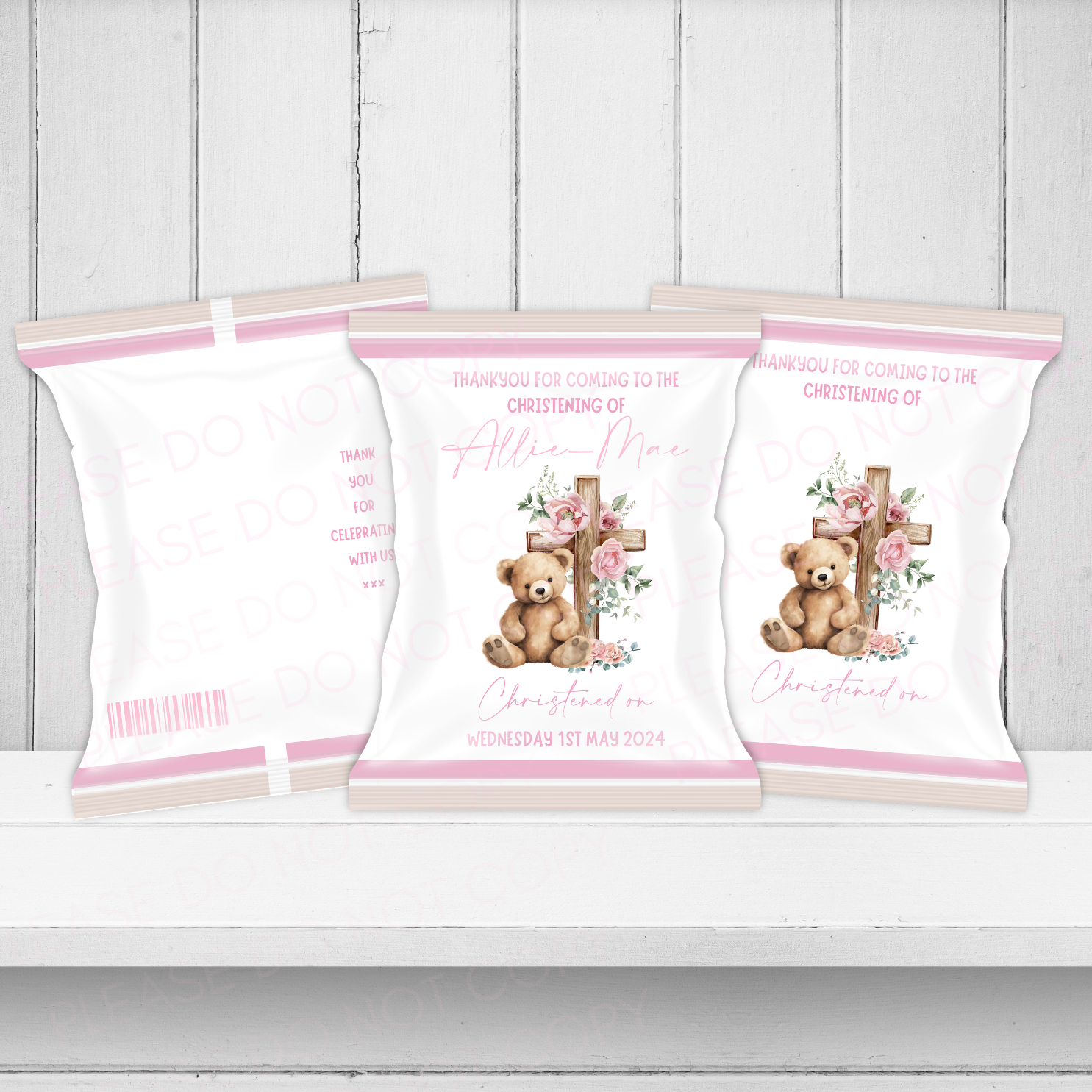 Pink Themed Teddy Bear with Floral Cross Christening DIY Treat Packs