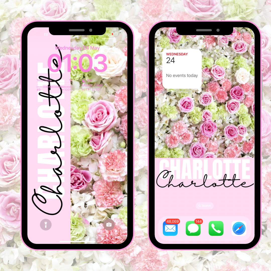 Pink & Green Flower Wall Personalised Phone Wallpaper- Set of 2