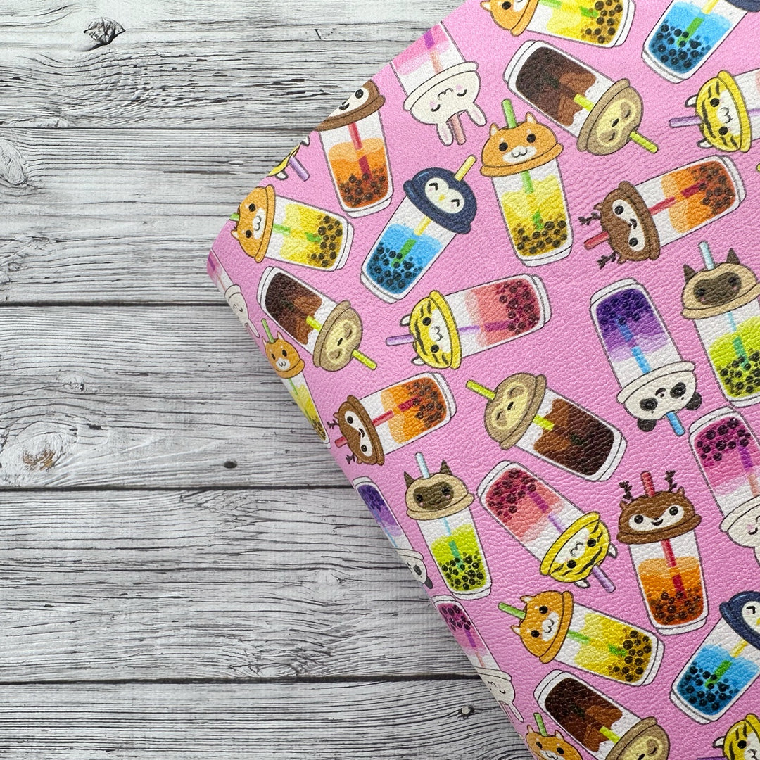 Kawaii Animal Boba Tea (Bubble Tea) Premium Faux Leather Fabric Sheets