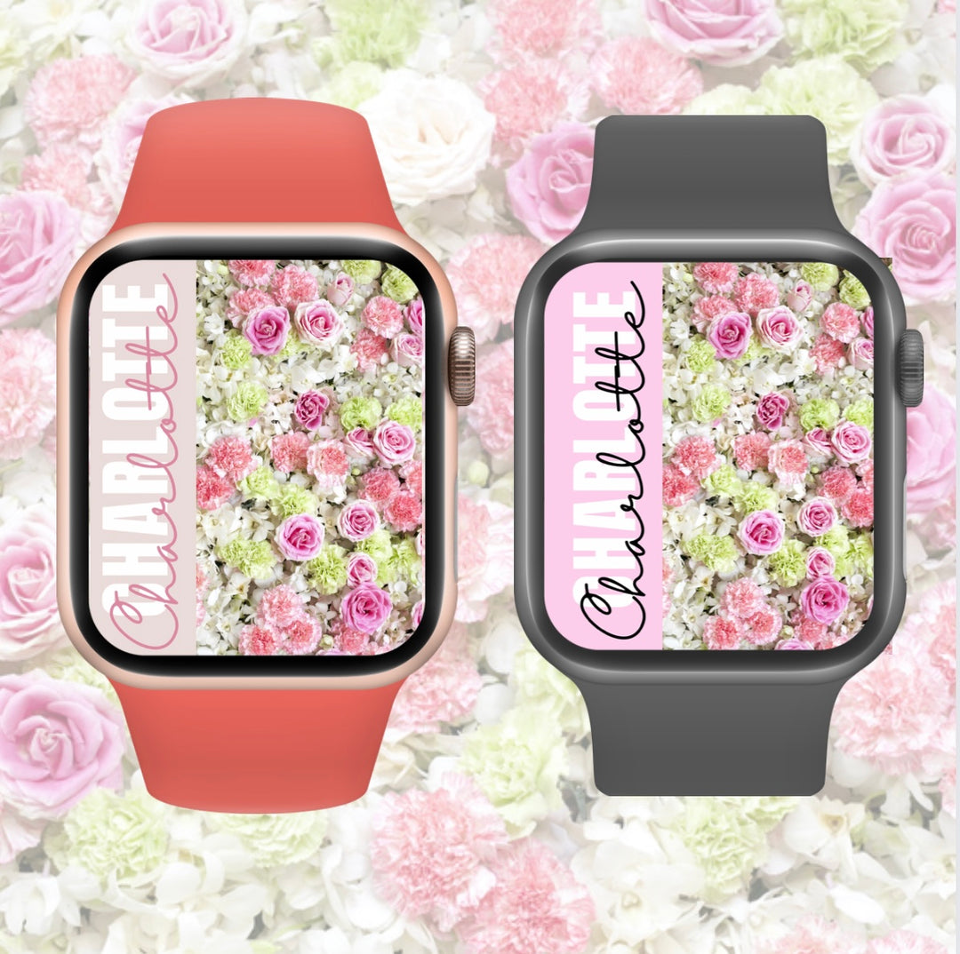 Pink & Green Flower Wall Personalised Smart Watch Wallpaper- Set of 4