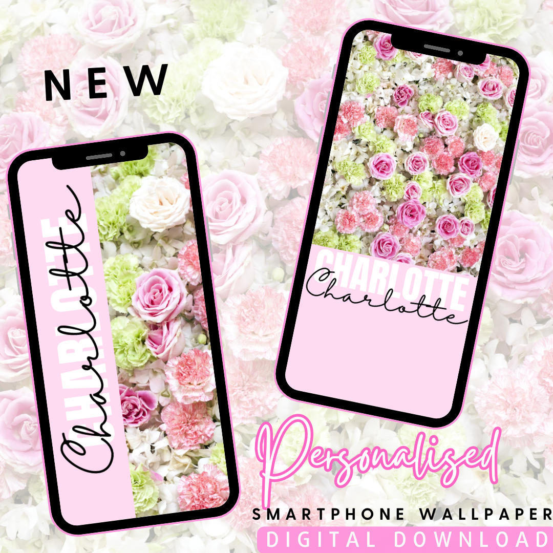 Pink & Green Flower Wall Personalised Phone Wallpaper- Set of 2