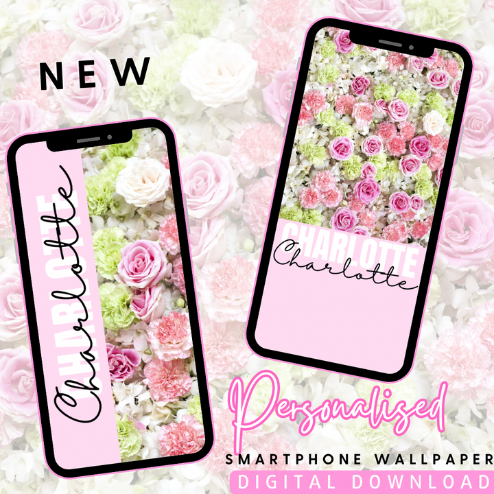 Pink & Green Flower Wall Personalised Phone Wallpaper- Set of 2