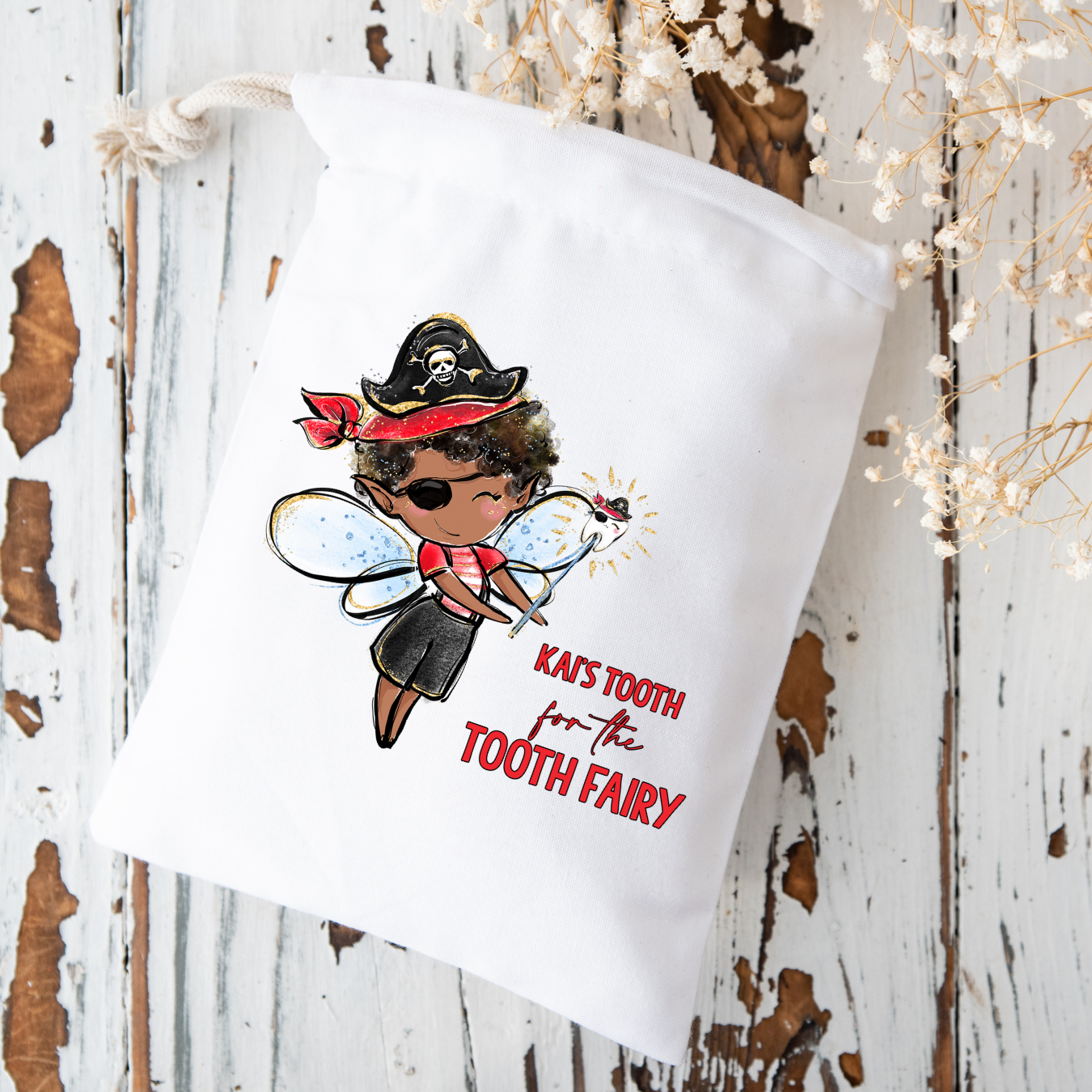 Personalised Tooth for the Tooth Fairy Pirate DTF Full Colour Gift Bag Transfer- 7cm
