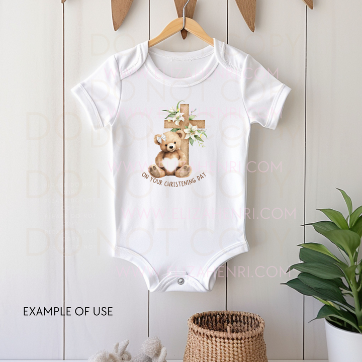 On your/my Christening Day Neutral Girl Teddy with Bow Digital Download