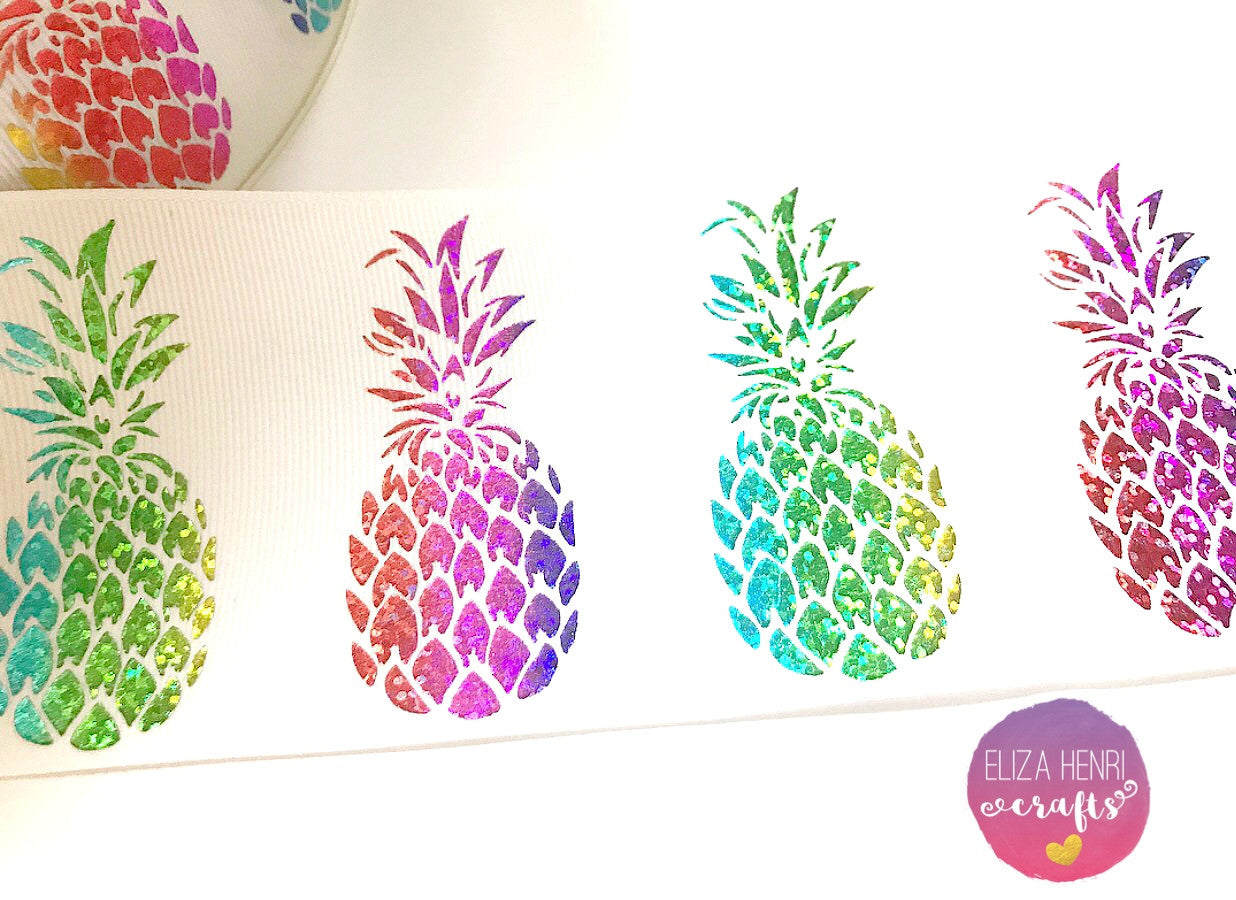 White Pineapple Foil Multicoloured Rainbow Grosgrain Ribbon 3'' - Eliza Henri Craft Supply