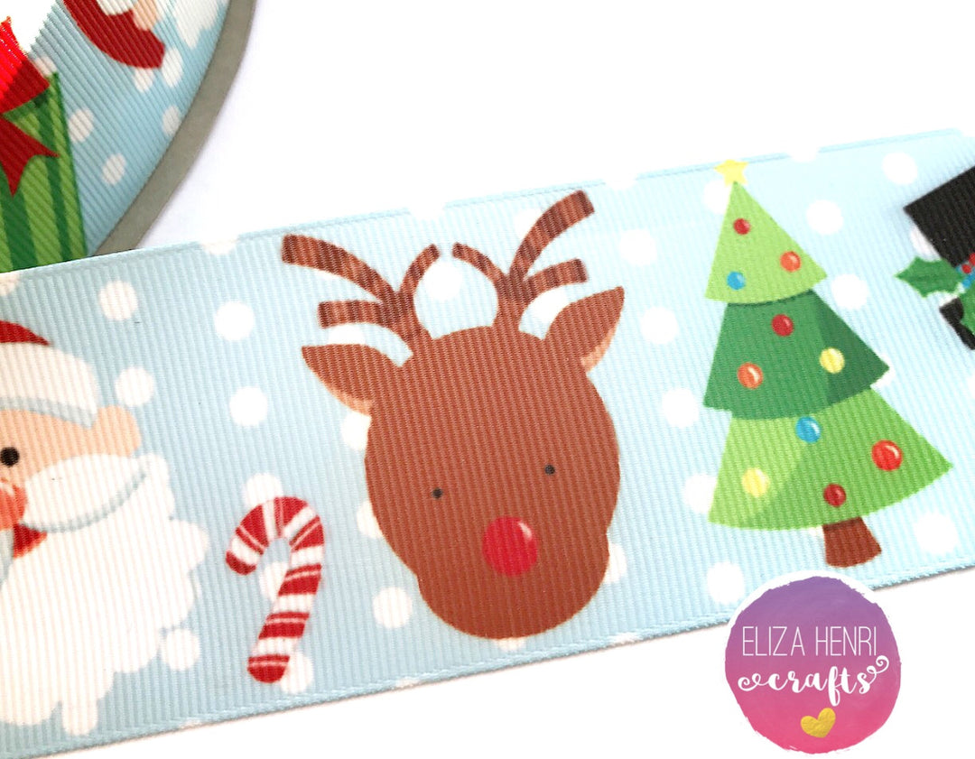 Pale Polka Dot Santa & Reindeer Grosgrain Ribbon 25mm, 38mm, 50mm - Eliza Henri Craft Supply