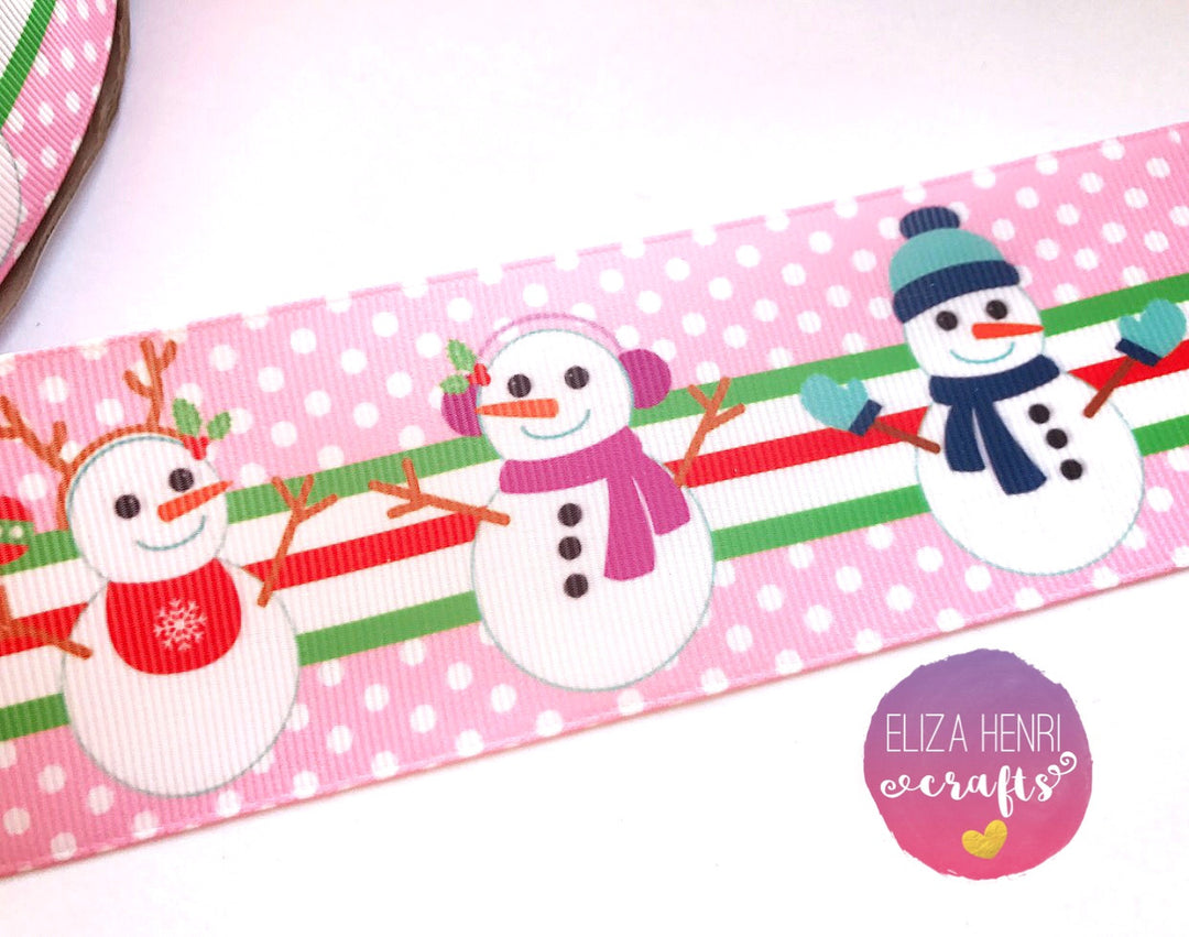 Pink Snowmen Grosgrain Ribbon 25mm, 38mm, 50mm. - Eliza Henri Craft Supply