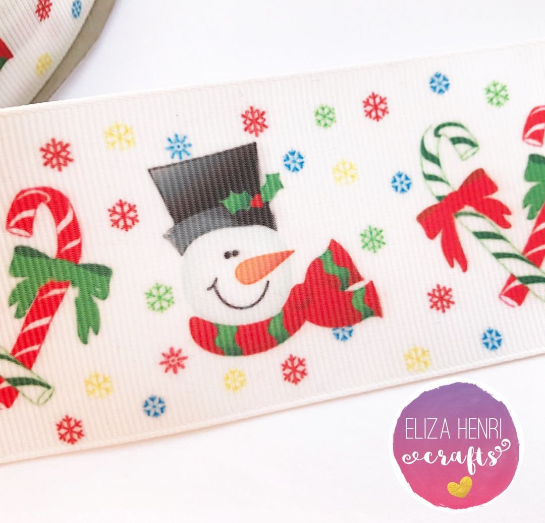 White snowman candy cane Grosgrain Ribbon 25mm, 38mm, 50mm. - Eliza Henri Craft Supply