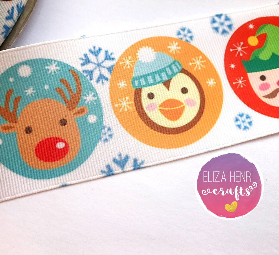 Circle Xmas Characters Grosgrain Ribbon 25mm, 38mm, 50mm. - Eliza Henri Craft Supply