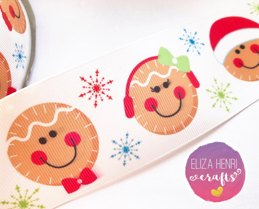 Big Gingerbread Faces Grosgrain Ribbon 25mm, 38mm, 50mm. - Eliza Henri Craft Supply