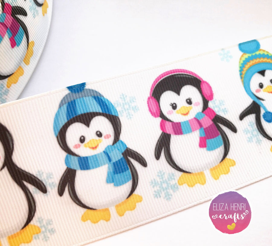 Cute Penguins Grosgrain Ribbon 25mm, 38mm, 50mm. - Eliza Henri Craft Supply