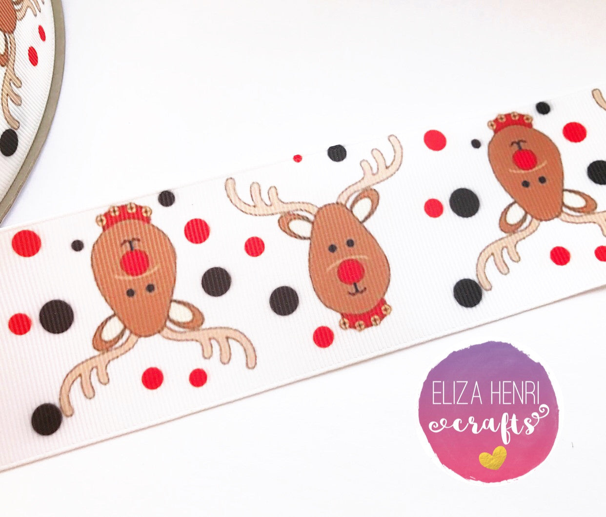 Santa’s Fave Reindeer White Grosgrain Ribbon 25mm, 38mm, 50mm. - Eliza Henri Craft Supply