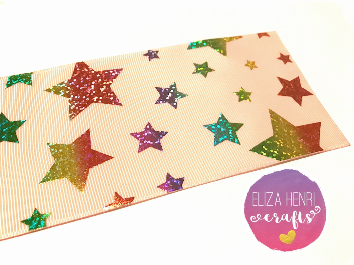 Baby Pink With Rainbow Foil Stars Grosgrain Ribbon 3'' - Eliza Henri Craft Supply