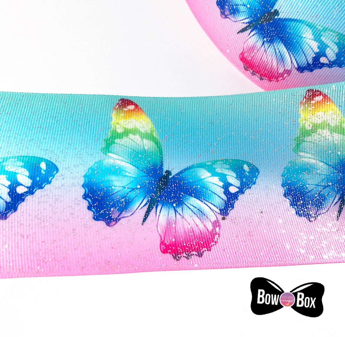 Pink Aqua Butterfly Glitter Grosgrain Ribbon 3''