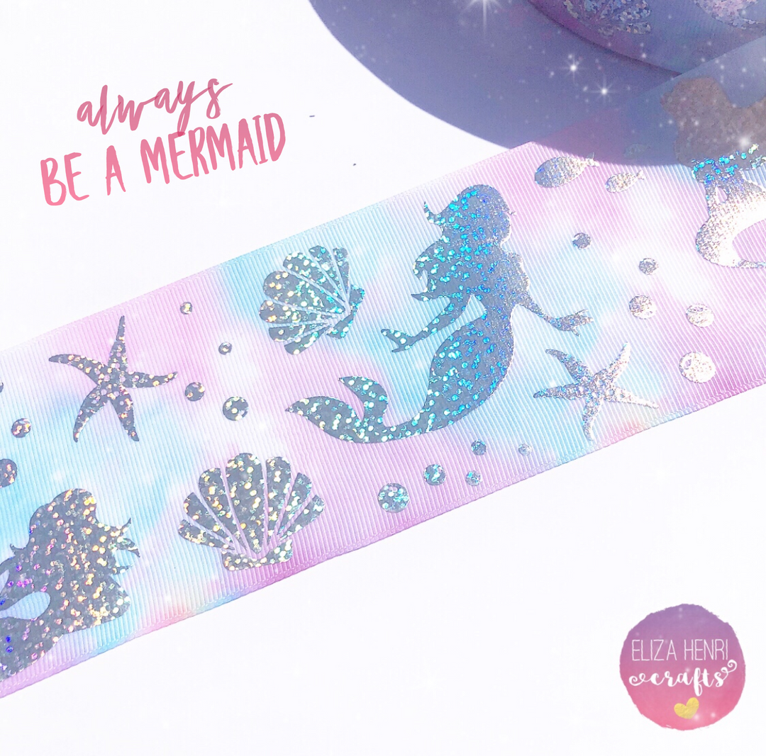 Mermaid Foiled Holographic Grosgrain Ribbon 3''