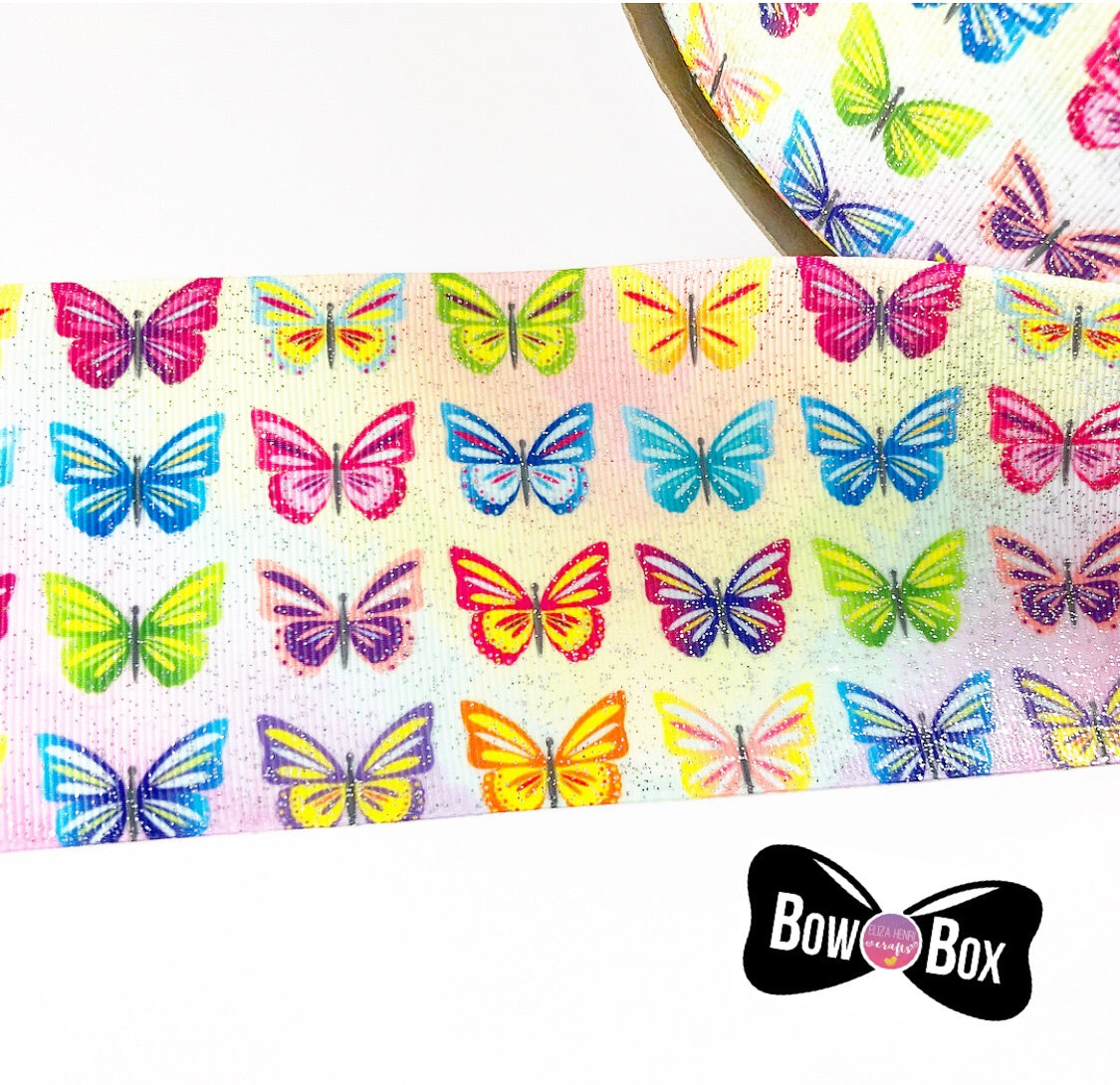 Pastel rainbow butterflies Glitter Grosgrain Ribbon 3''