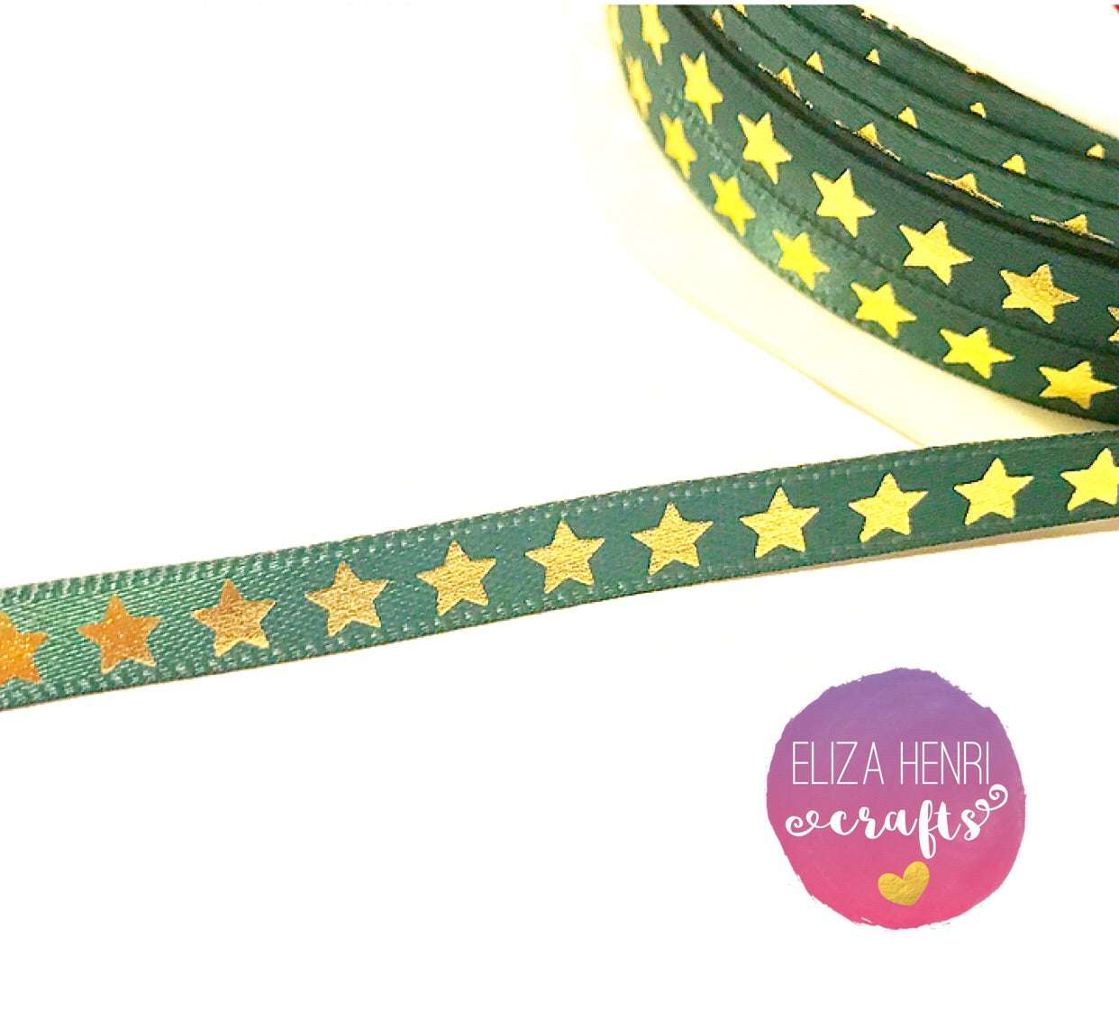 Green satin 6 mm Star pattern Ribbon - Eliza Henri Craft Supply