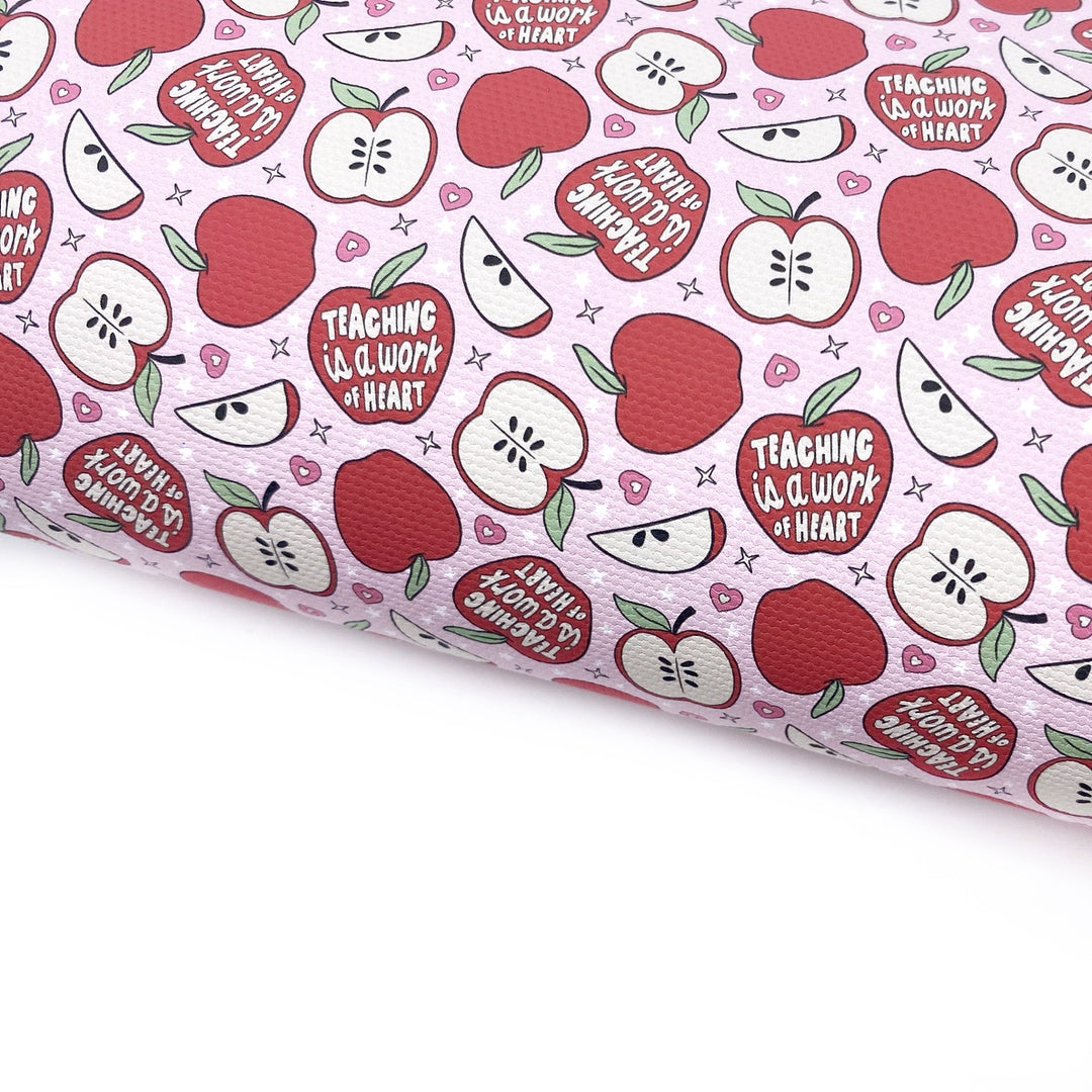 Teaching is a work of Heart Apples Lux Premium Printed Bow Fabric