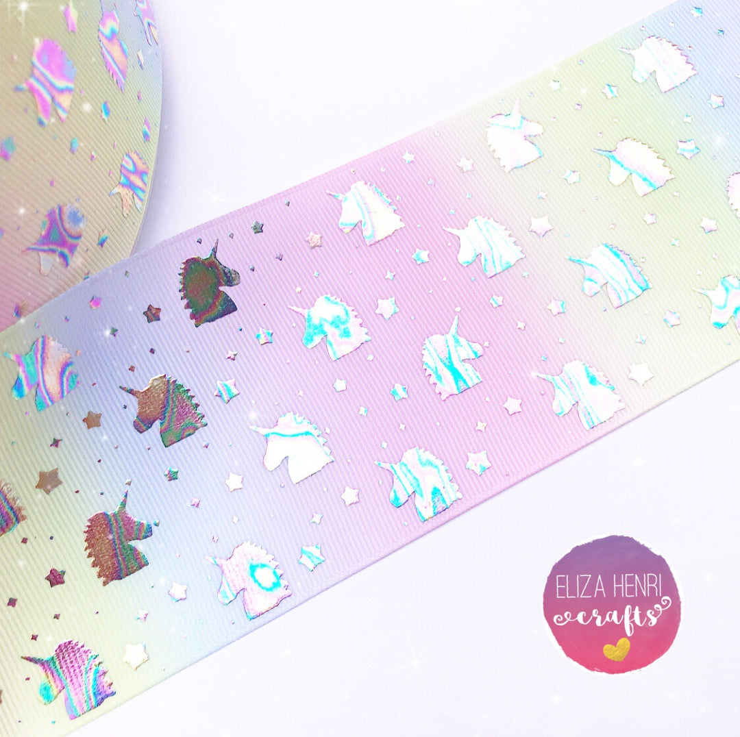 Pastel Rainbow Mini Holographic Unicorn Heads Foil Grosgrain Ribbon 3''