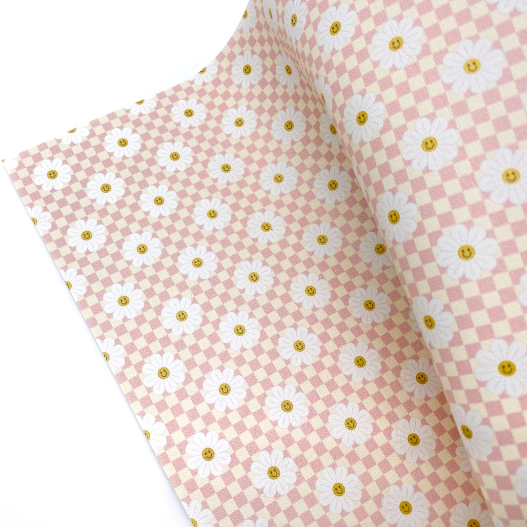 Pretty Daisy Retro Flower Check Premium Faux Leather Fabric Sheets