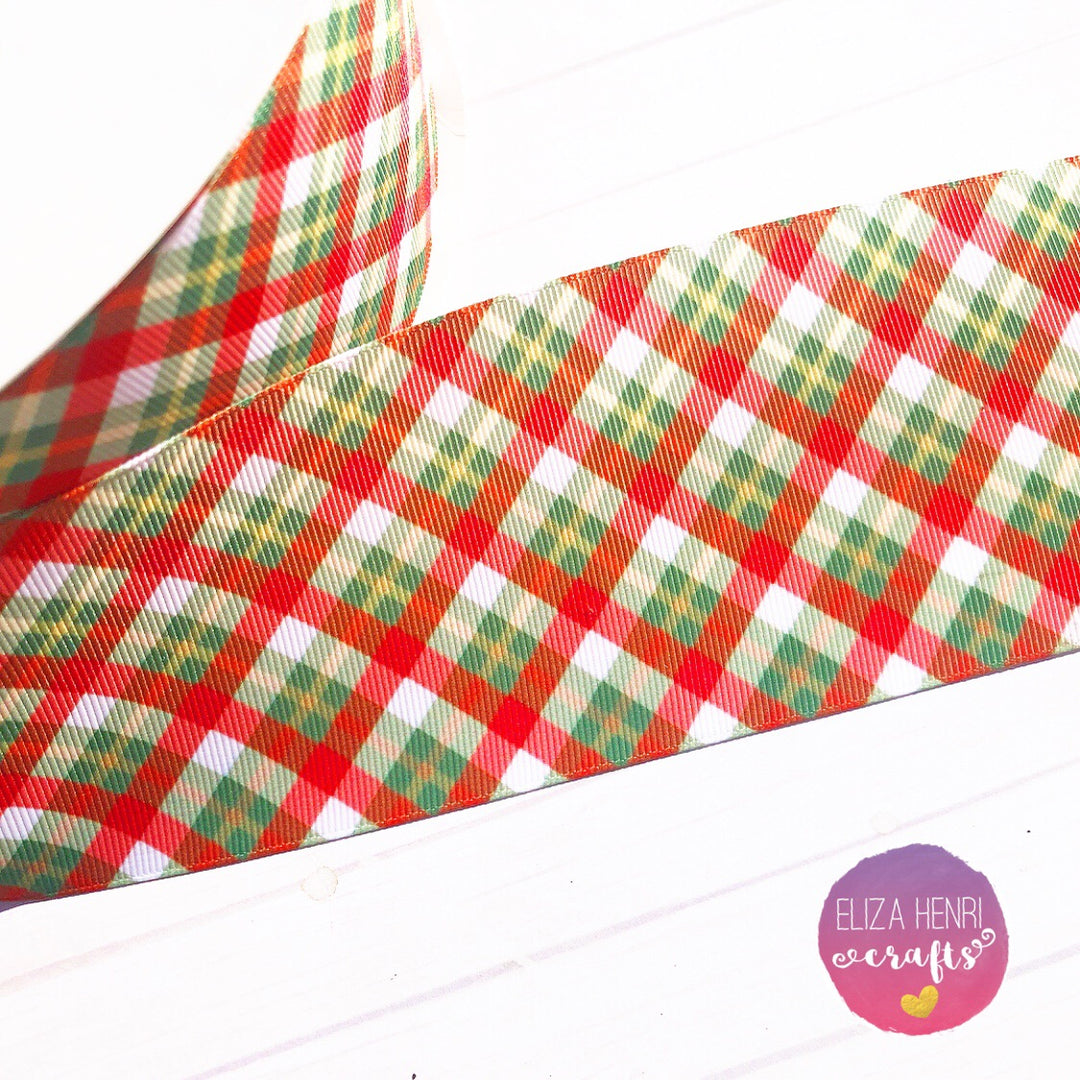 Red, Green & White Xmas Diagonal Tartan Grosgrain Ribbon 2'' or 3''