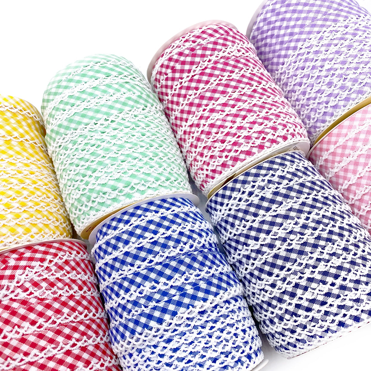 Luxury Pre-folded Gingham Bias Binding with lace trim 12mm