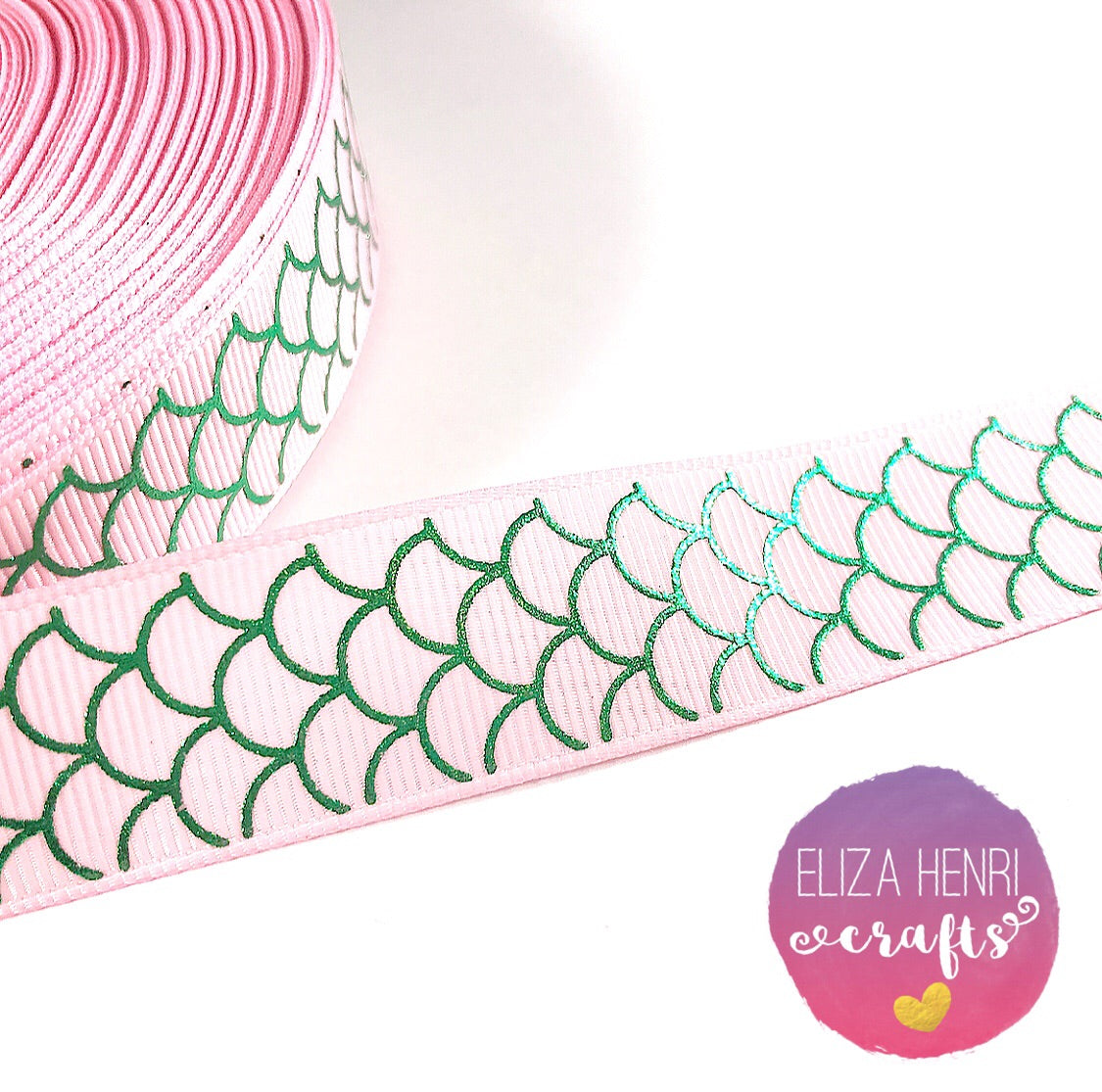 Baby Pink Mermaid Scales Foil Grosgrain Ribbon 22mm 7/8” - Eliza Henri Craft Supply