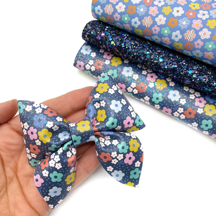 Navy Rainbow Flowers Lux Premium Printed Bow Fabric