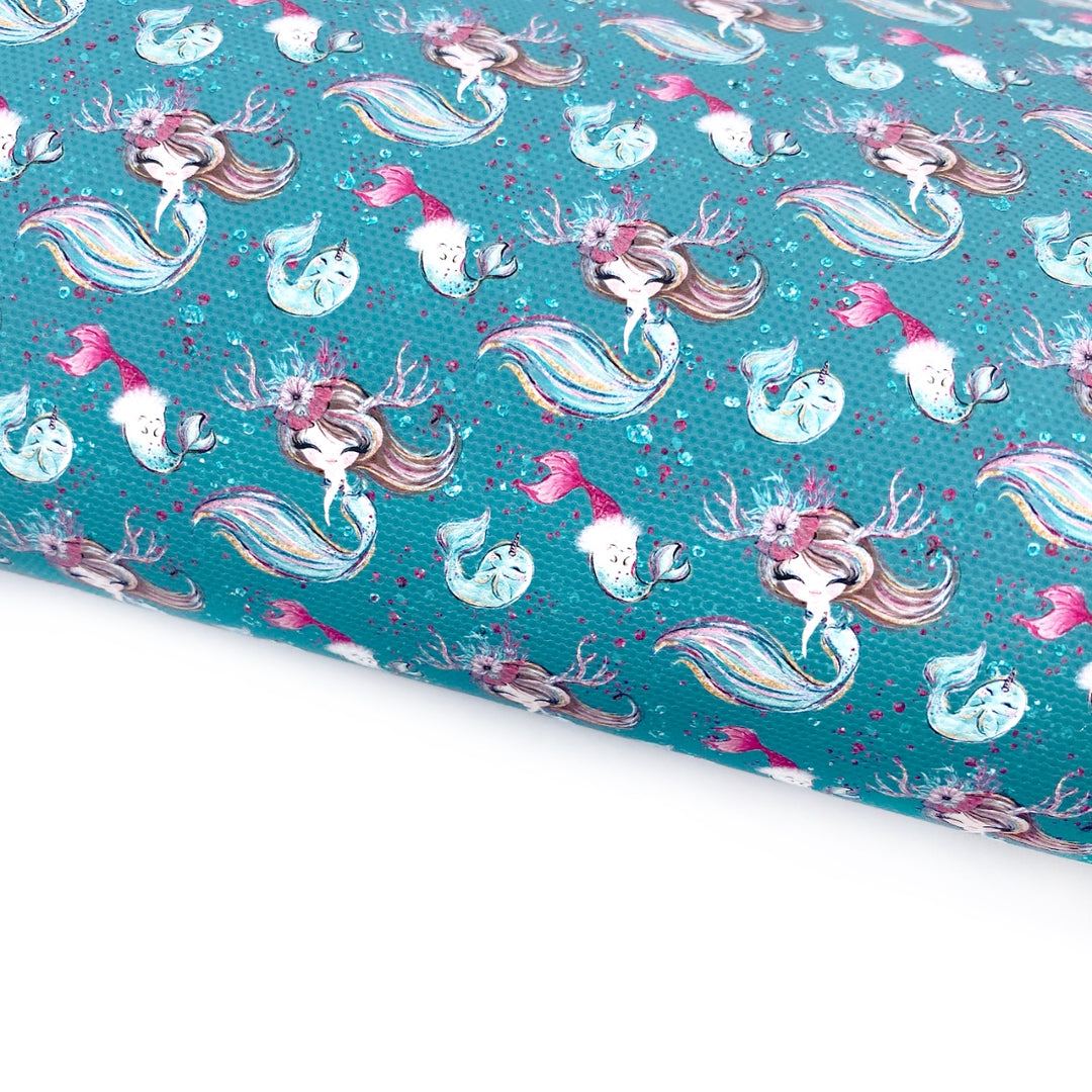 Green Christmas Mermaids Lux Premium Canvas Bow Fabrics