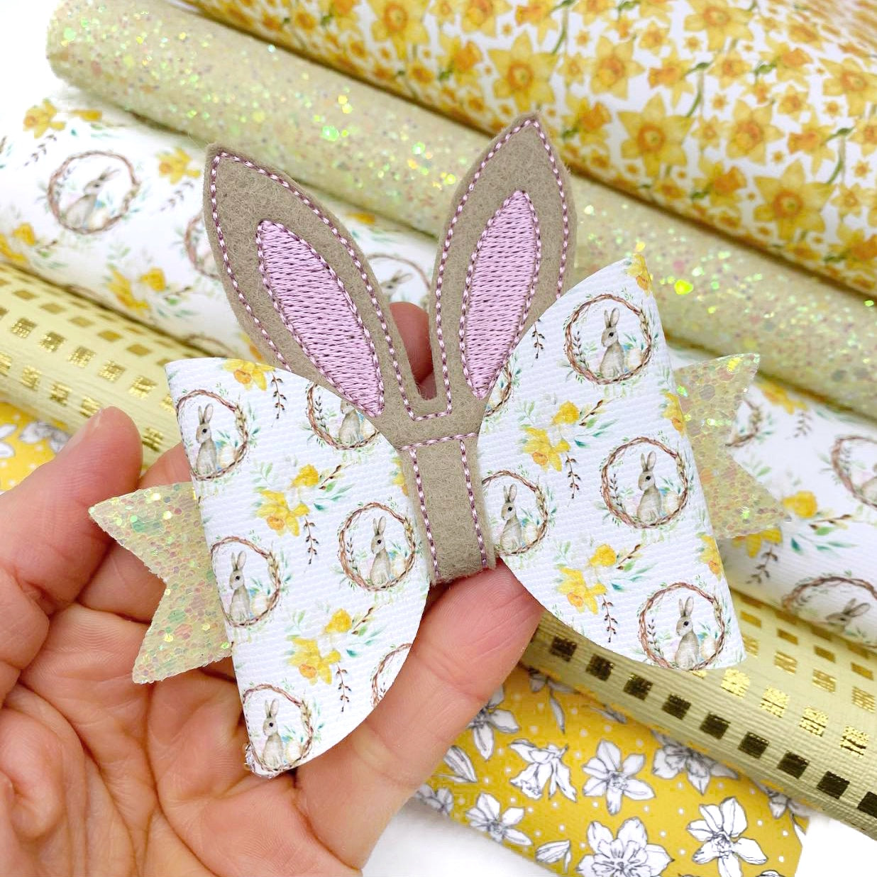 Mini Daffodil Bunny Hop Lux Premium Printed Bow Fabrics