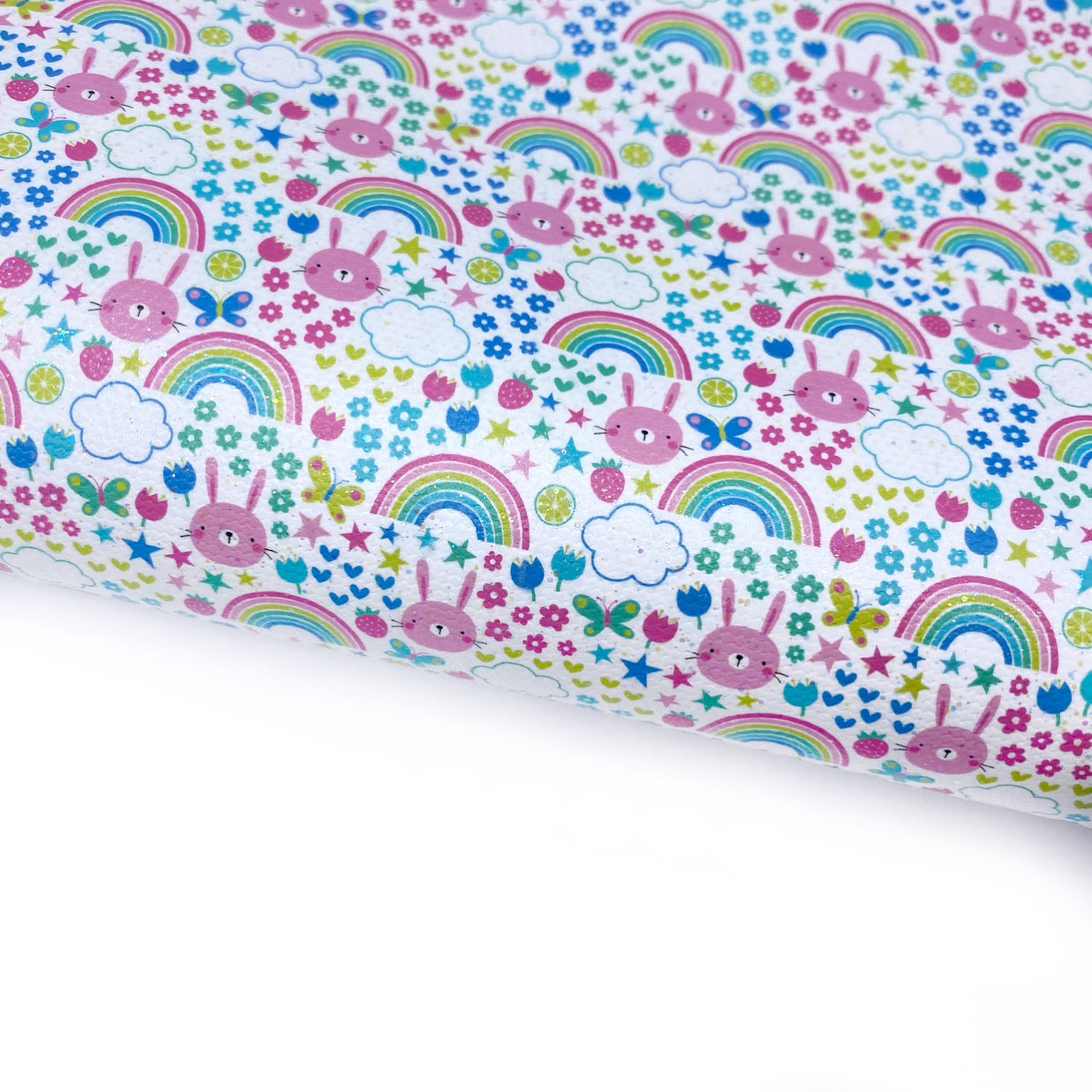 Pink Bunnies, Rainbows & Flowers Lux Premium Printed Bow Fabrics
