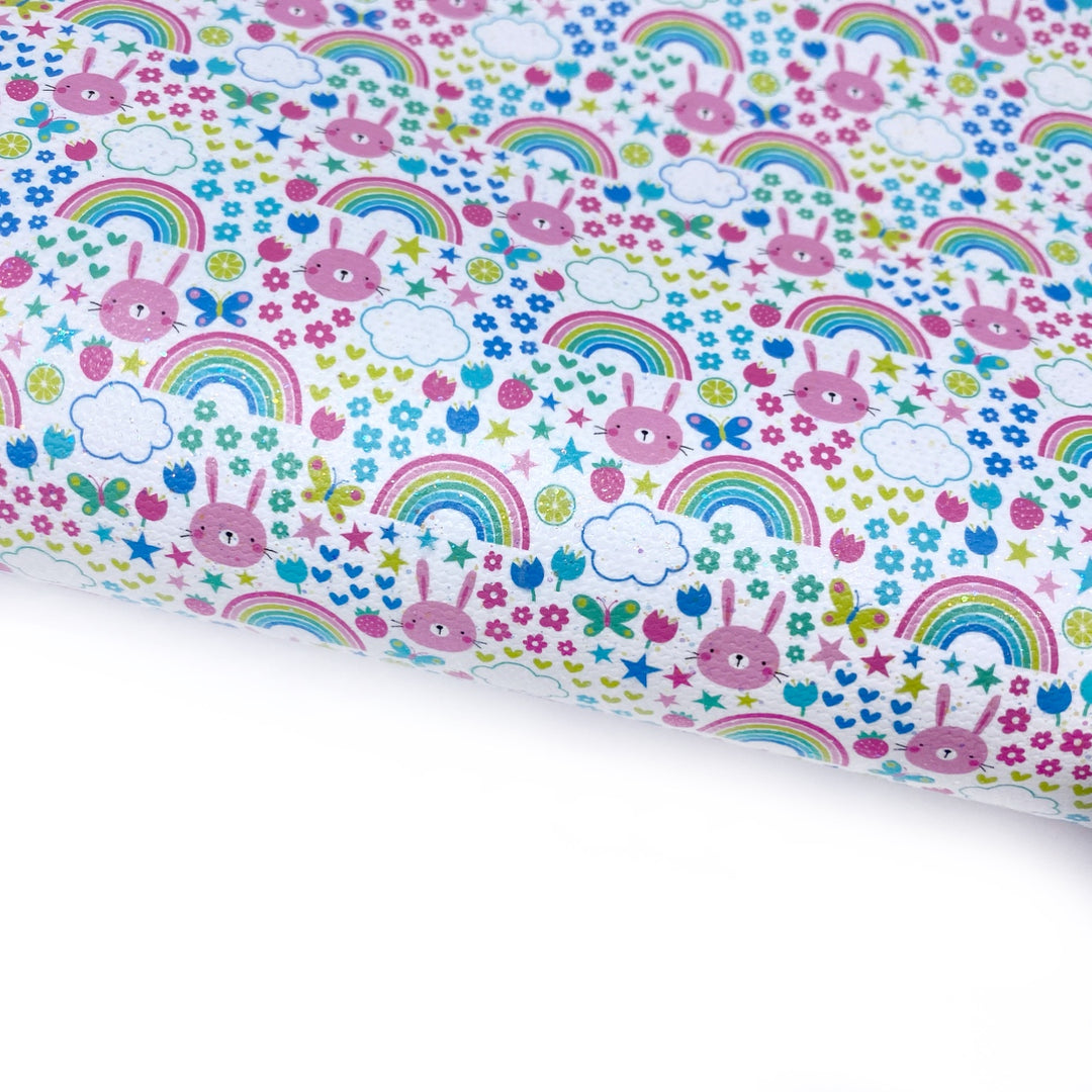 Pink Bunnies, Rainbows & Flowers Lux Premium Printed Bow Fabrics