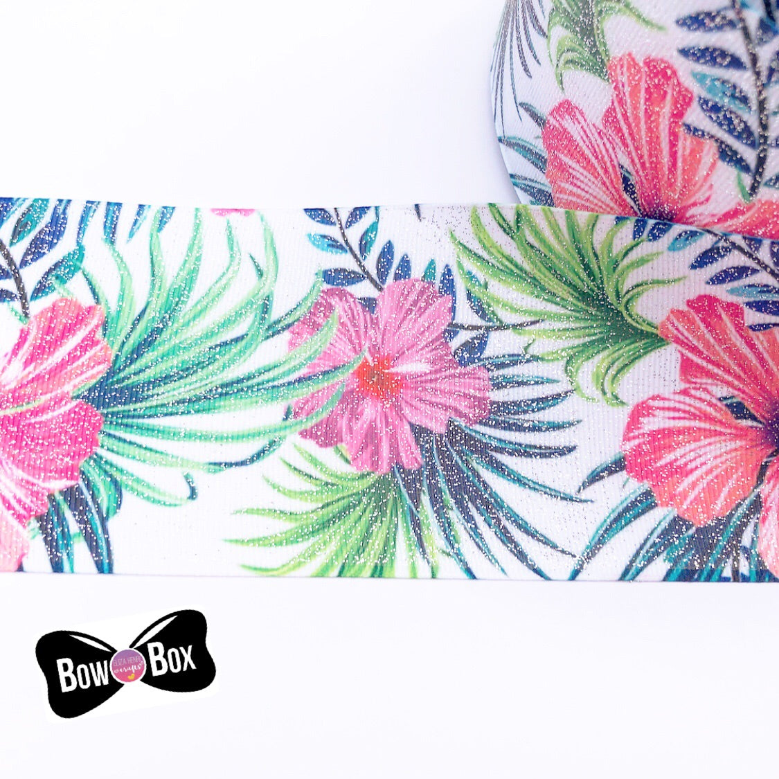 Tropical Floral Print Glitter Grosgrain Ribbon 3''