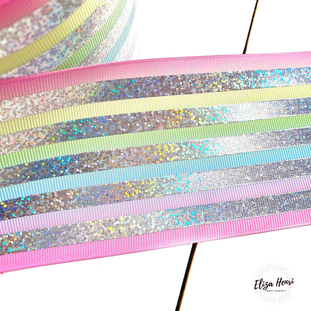 Pink Rainbow Foil Stripes Grosgrain Ribbon 3''