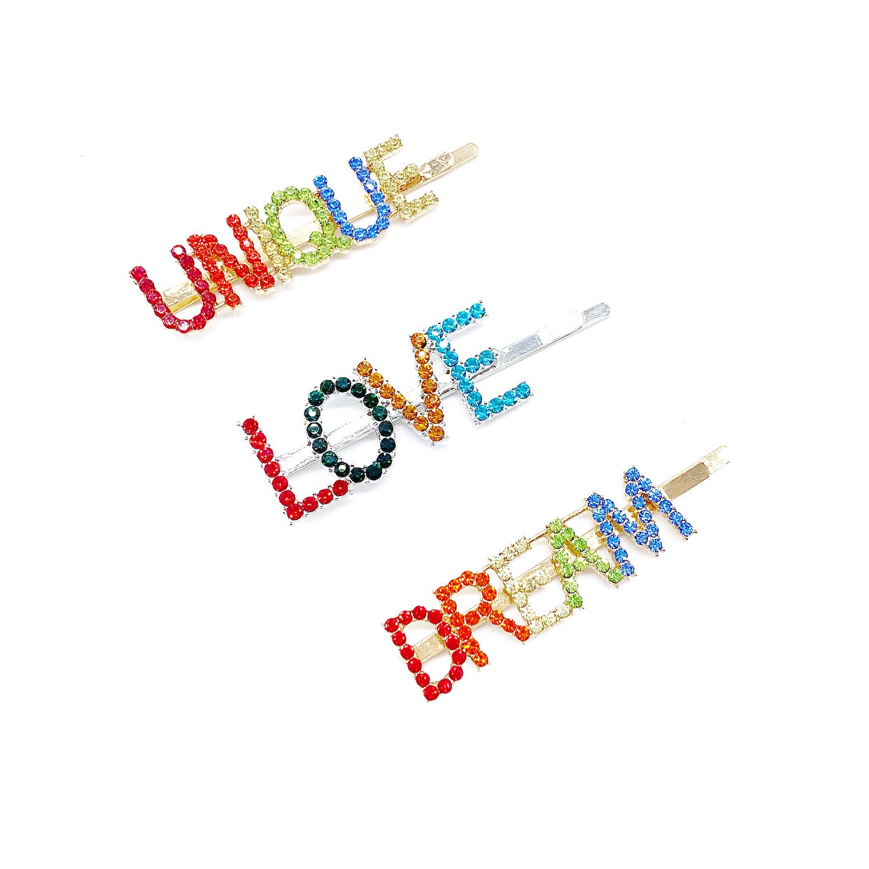 Dream, Love, Unique Rainbow Diamanté Silver/Gold Slide Clip