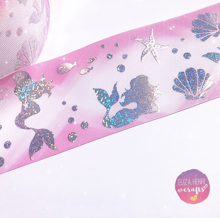 Mermaid Foiled Holographic Grosgrain Ribbon 3''