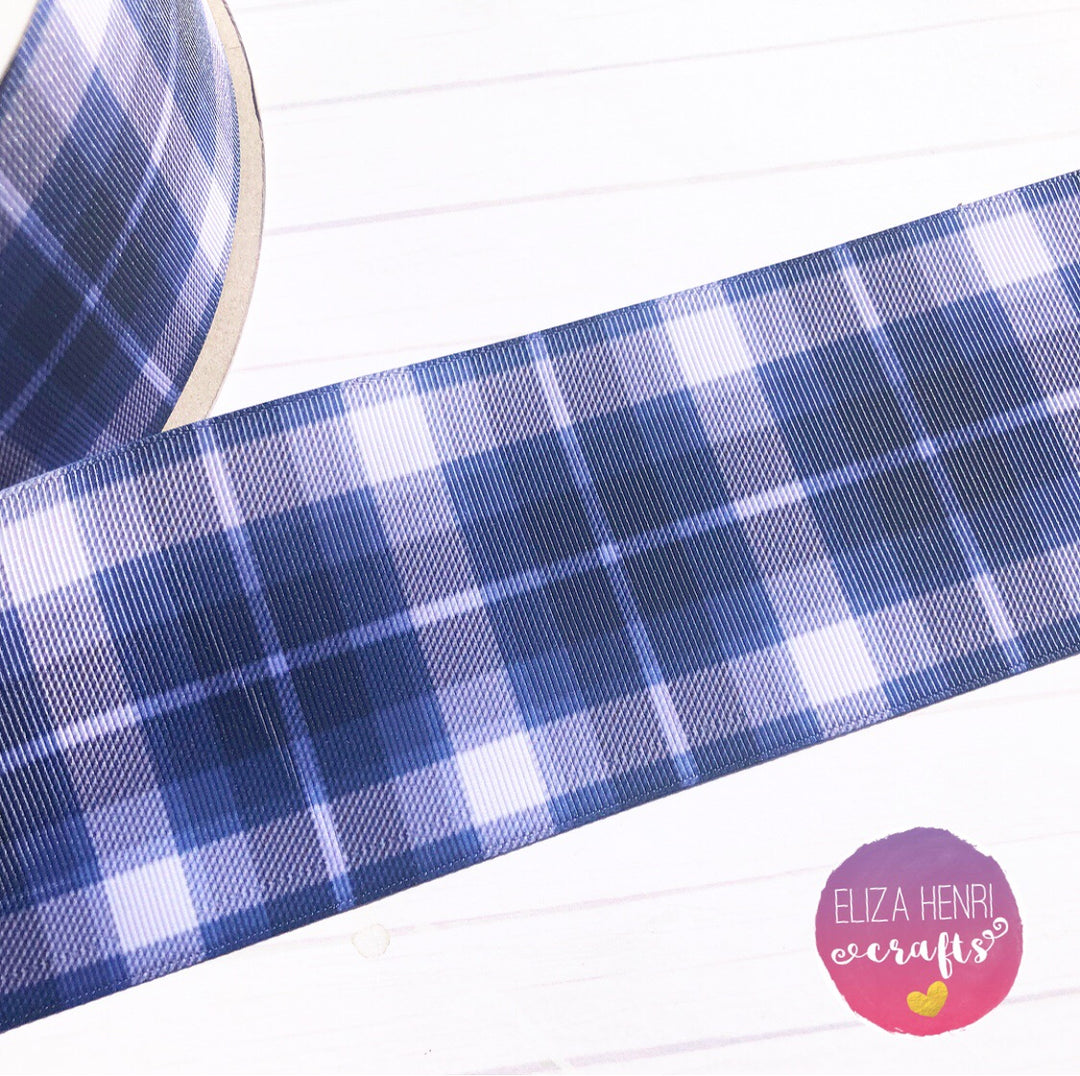 Navy, Blue & White Tartan Grosgrain Ribbon 2'' or 3''