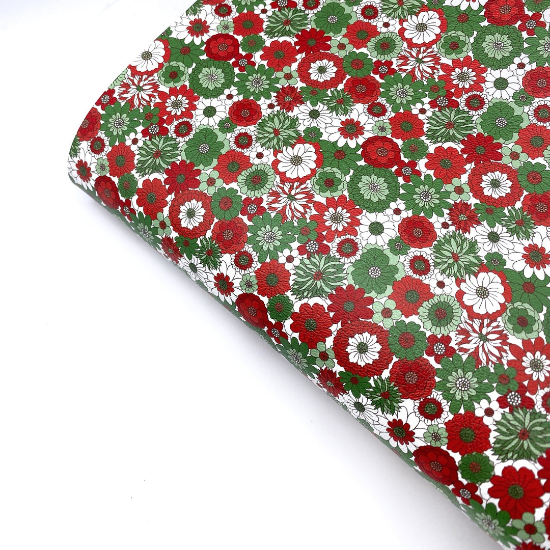 Retro Christmas Blooms Premium Faux Leather Fabric Sheets