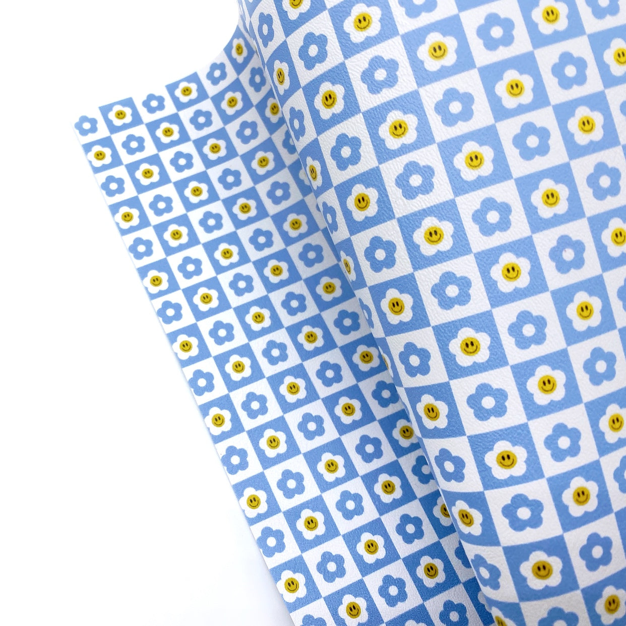 Daisy Blue Flower Check Premium Faux Leather Fabric Sheets
