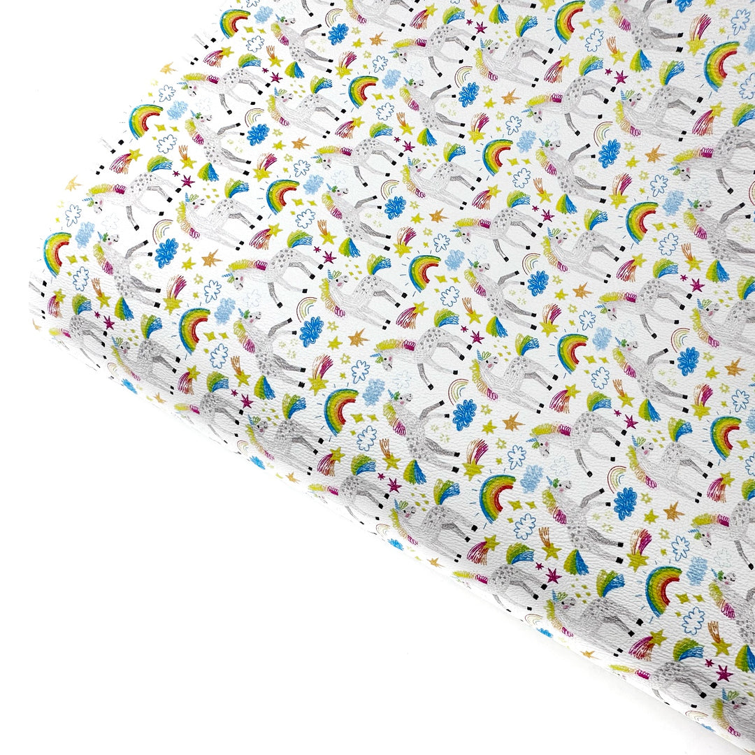 Doodle Unicorn Art Premium Faux Leather Fabric Sheets