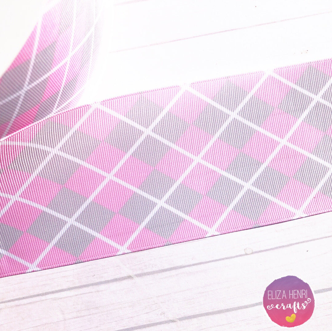 Pink, White & Grey Plaid Grosgrain Ribbon 2'' or 3''