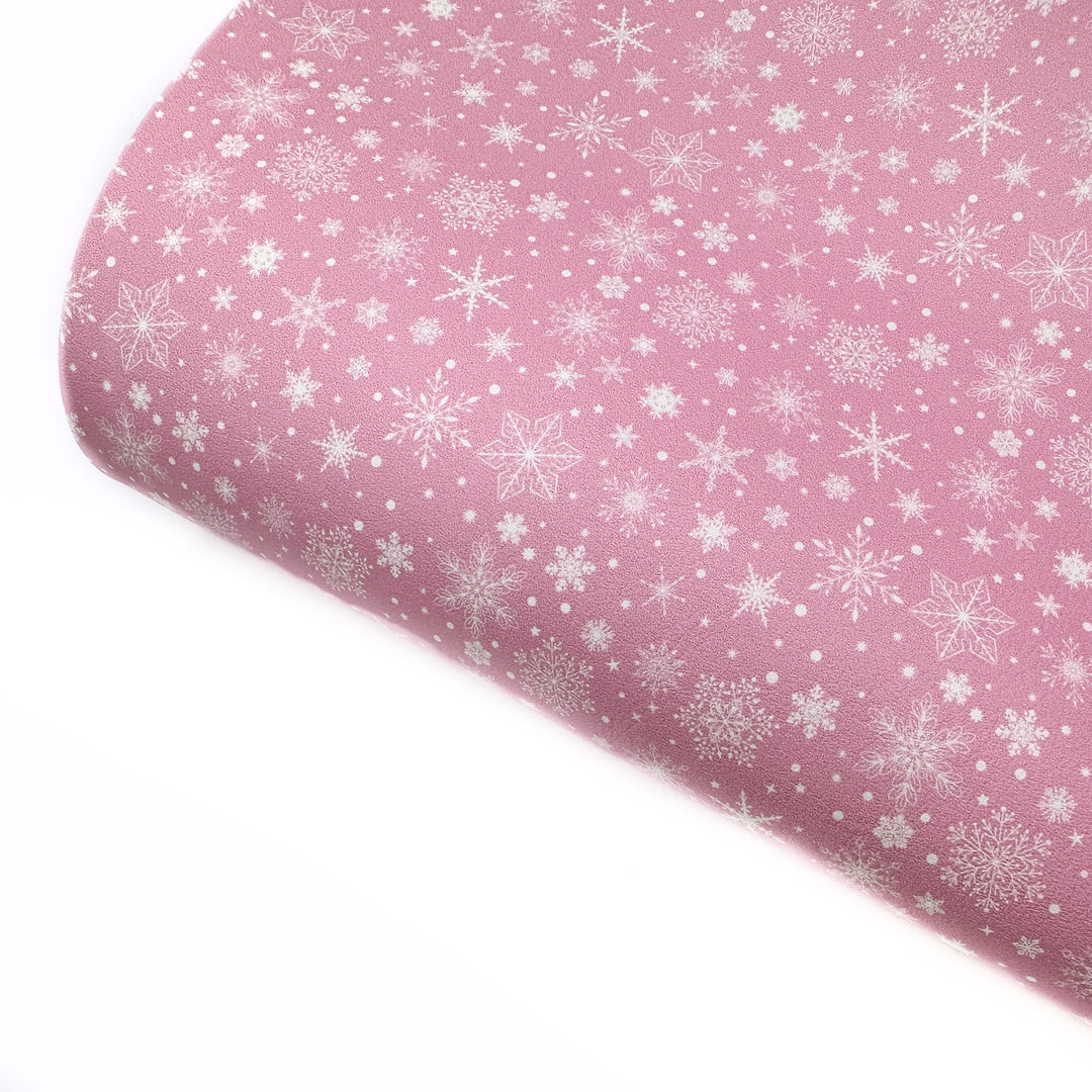 Pink Falling Snowflakes Premium Faux Leather Fabric Sheets