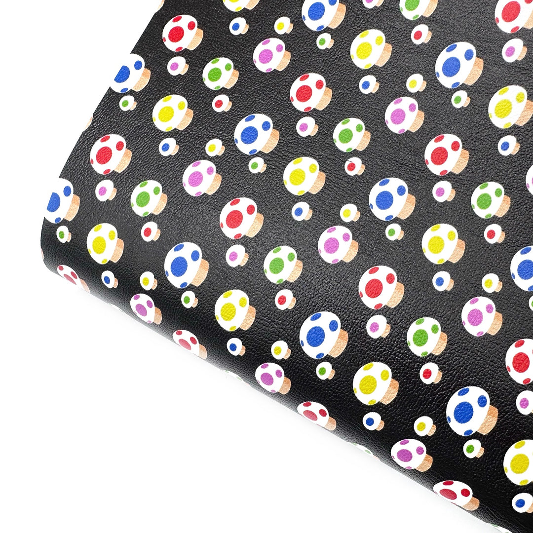 Black Rainbow Mushrooms Premium Faux Leather Fabric Sheets