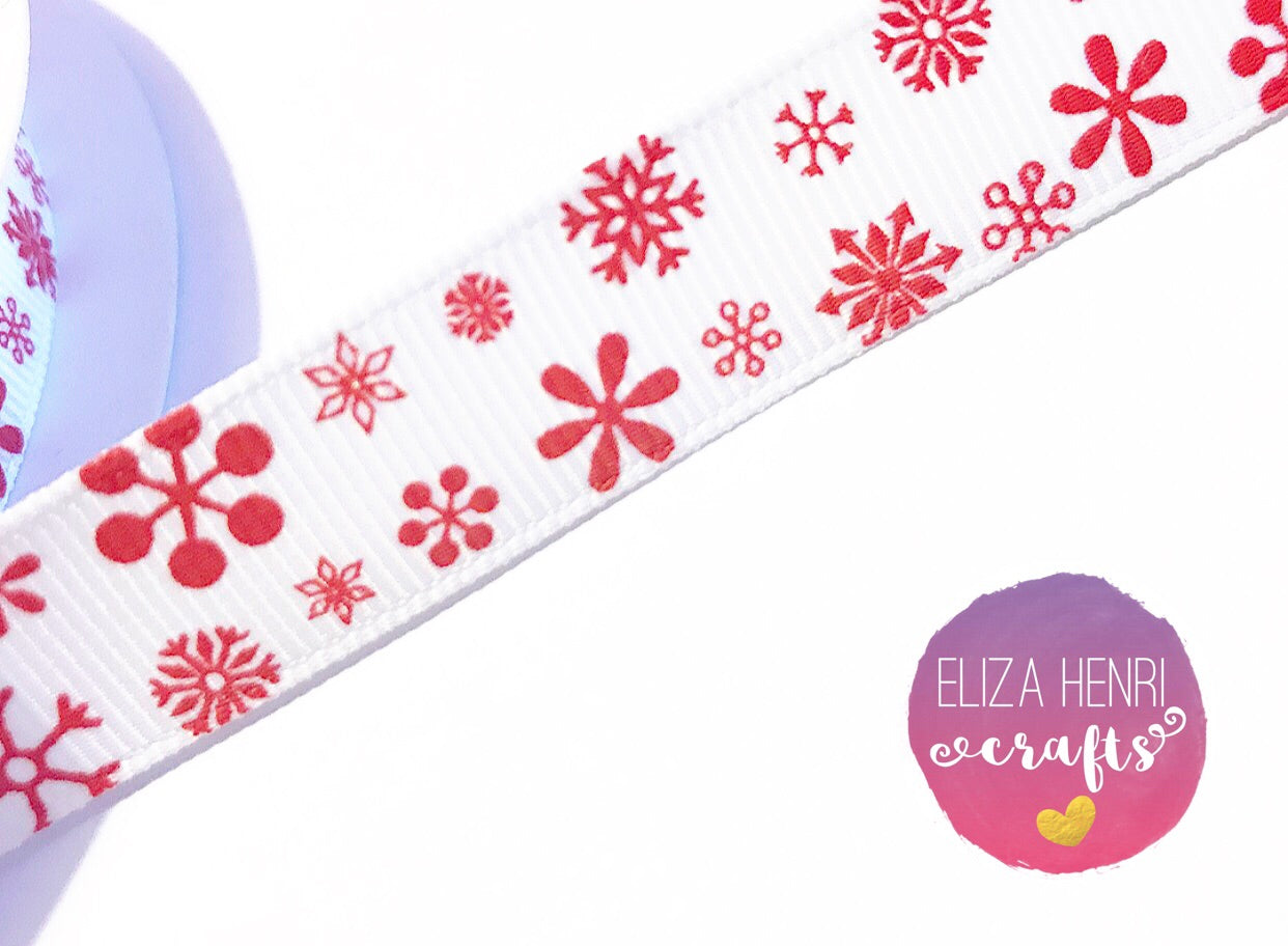 Red Snowflake Print 16 mm White grosgrain Ribbon - Eliza Henri Craft Supply