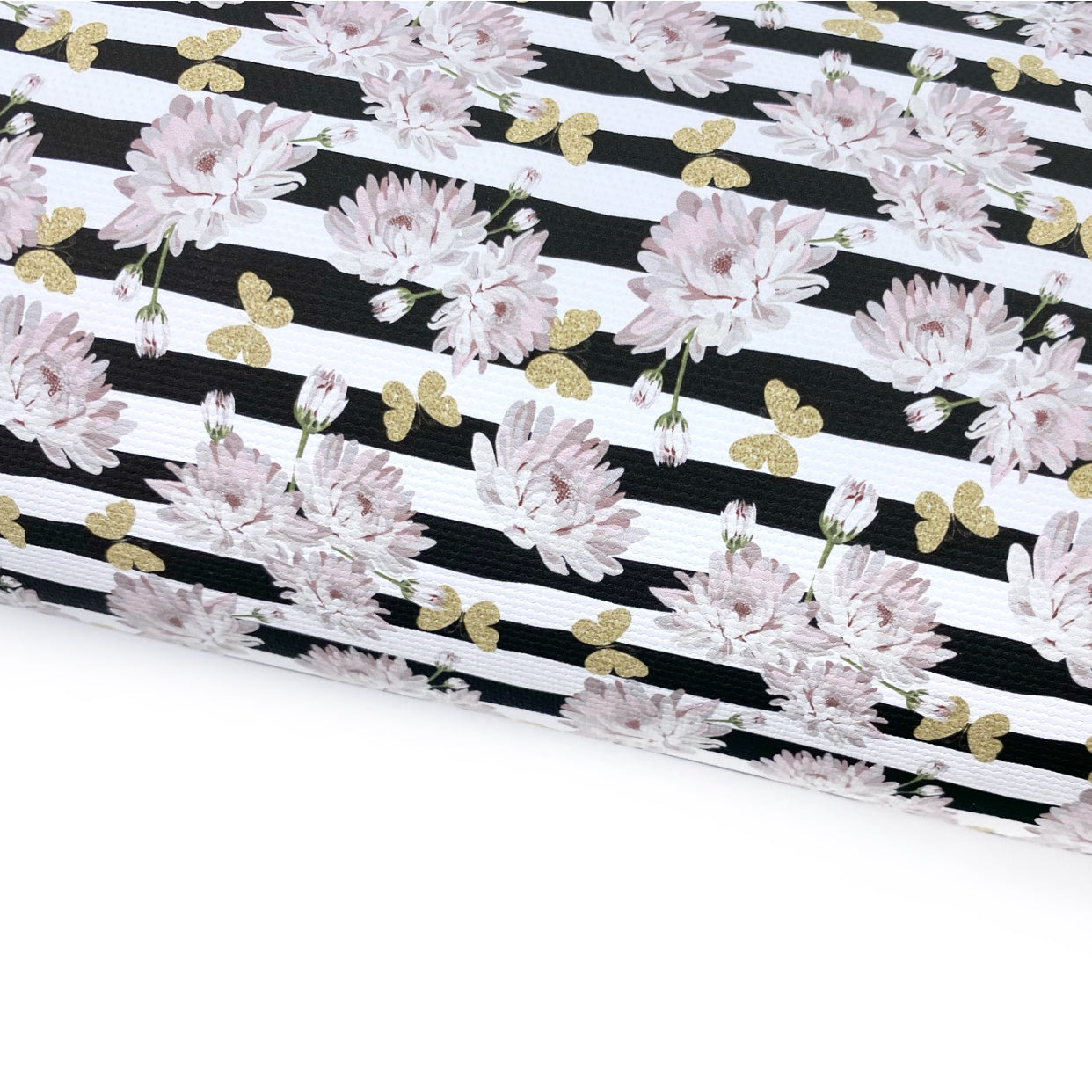 Monochrome Stripe Floral Butterflies Lux Premium Printed Bow Fabric