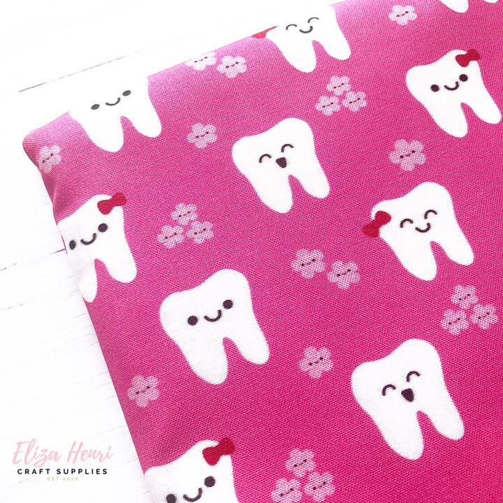 Happy Teeth and Flowers on Pink Artisan Fabric Felt