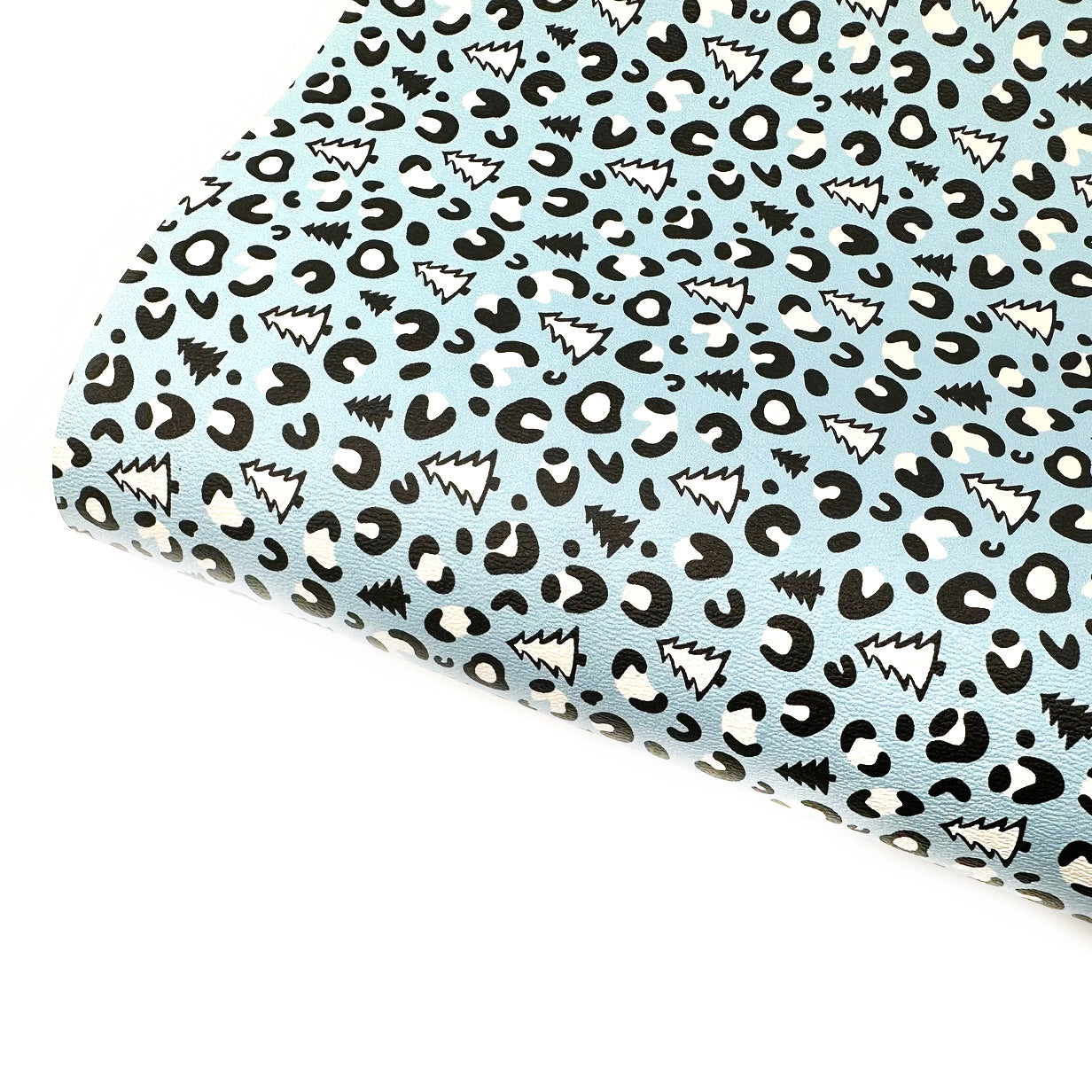 Winter Blue Leopard Christmas Trees Premium Faux Leather Fabric Sheets