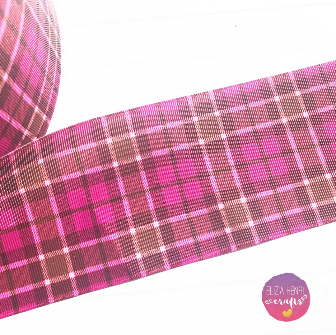 Pink, Black & Brown Tartan Grosgrain Ribbon 2'' or 3''